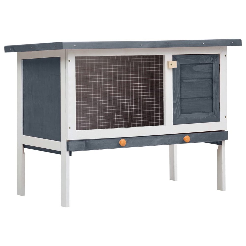 1-Level Rabbit Hutch, LAPOOH Rabbit Cage, Double-House Hutch, Small Animal Shelter, Gray Wood