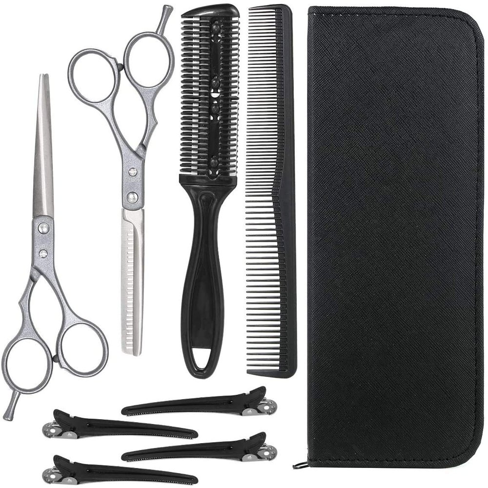 RWRAPS 8-in-1 Hairdressing Scissors Set, Stainless Steel Scissors, Thinning Comb, Hair Clips, Blue/Silver