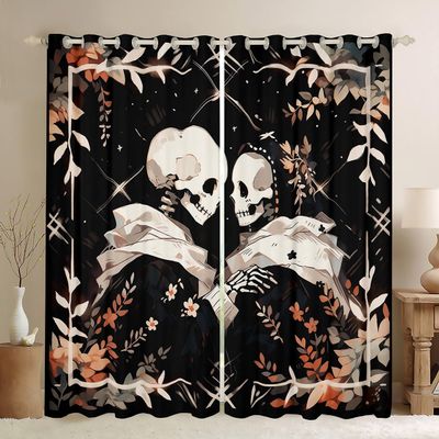 Cute Skull Window Curtains, Cartoon Skeleton Couple, Kawaii Design