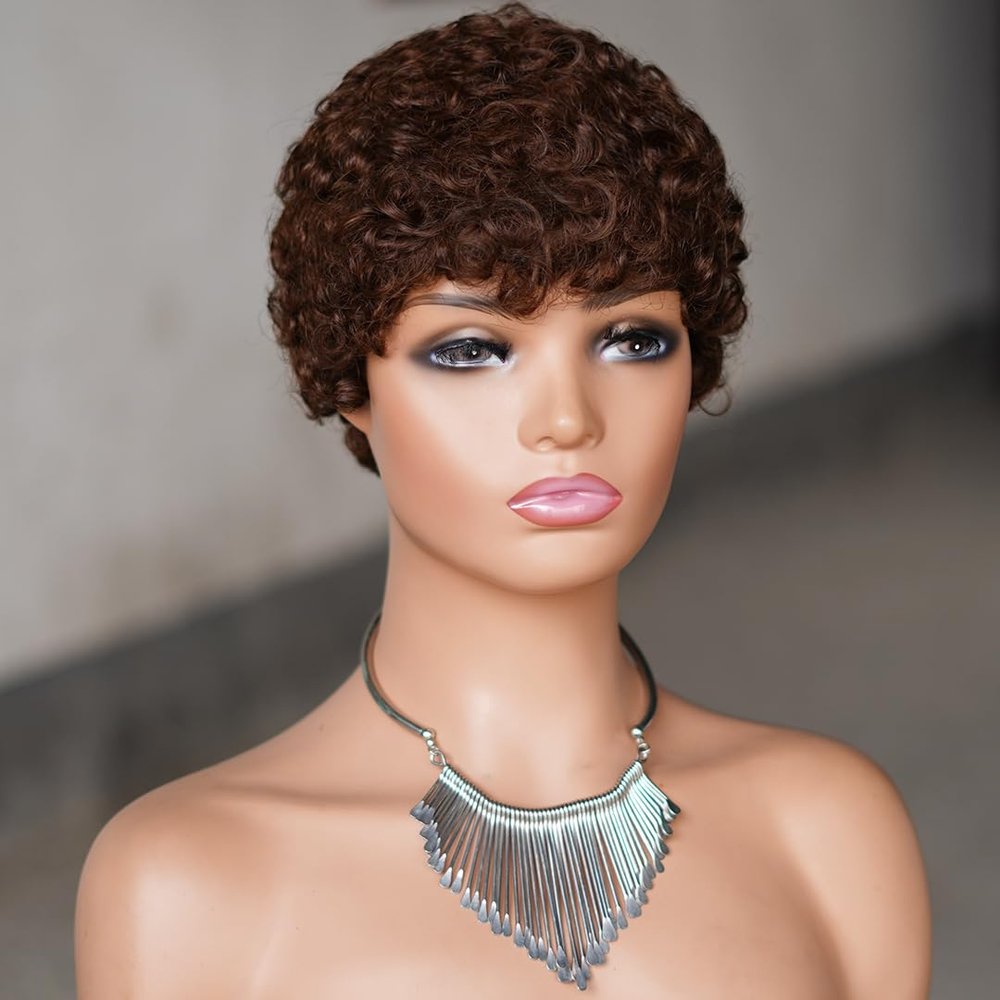 Women's Short Afro Kinky Curly Human Hair Wig, Brown