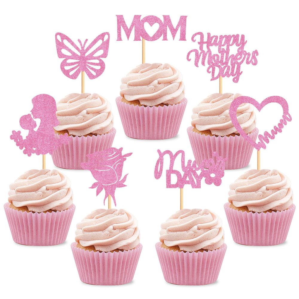 Blumomon 28-Piece Glitter Happy Mother's Day Cupcake Toppers