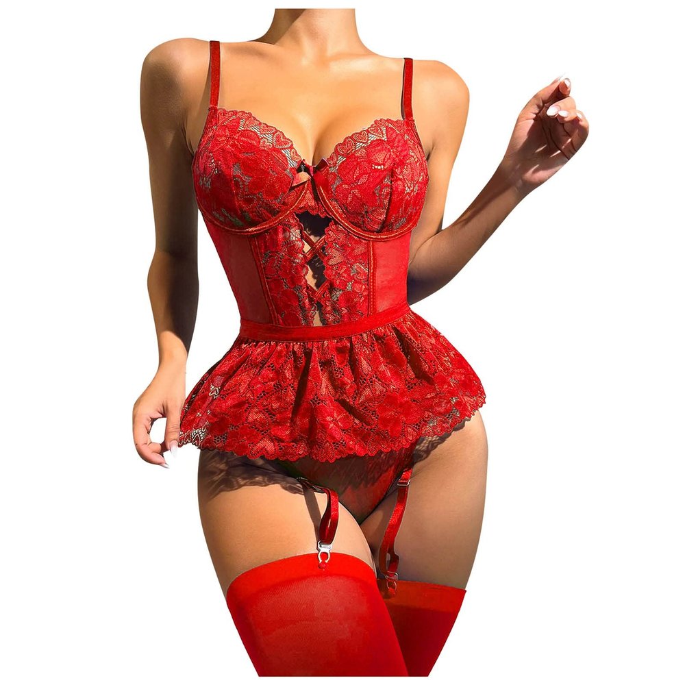 Women's Lace Strappy Bodysuit Lingerie Set