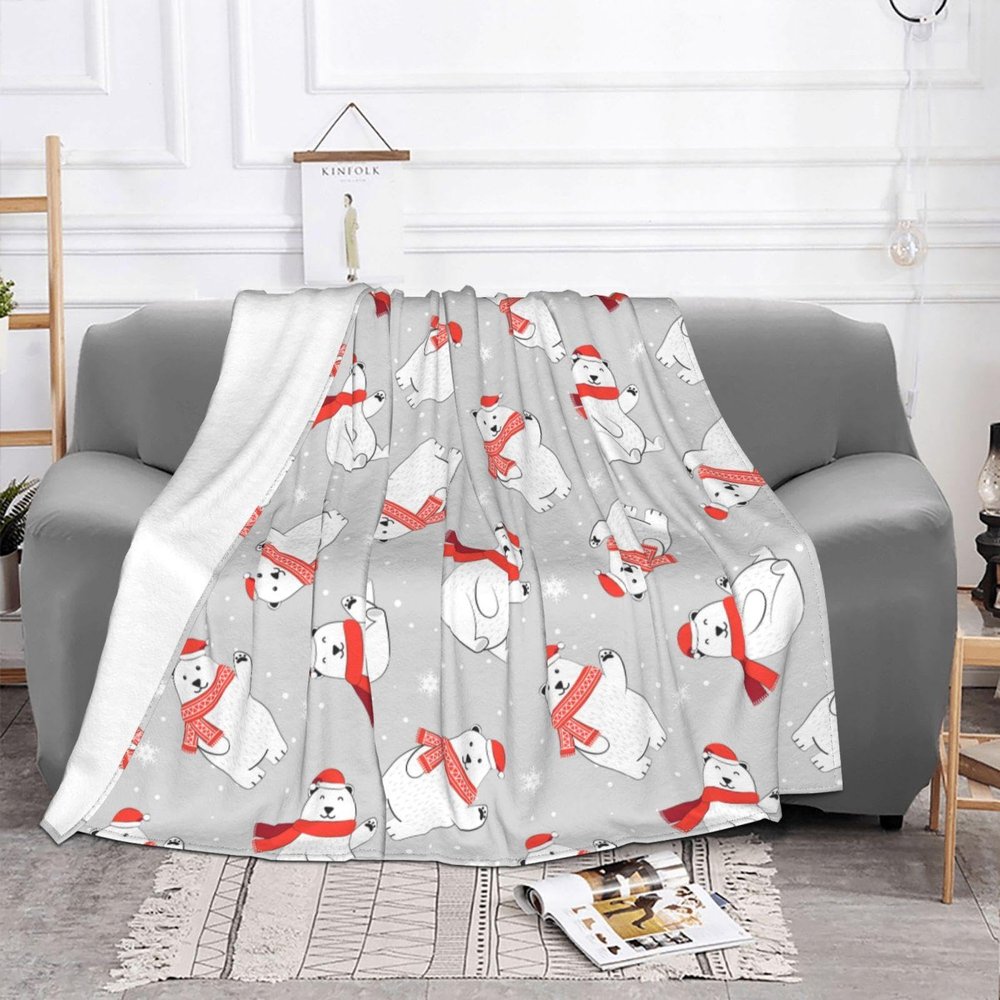 JIUJIUJIU Lightweight Flannel Blanket with Cartoon Polar Bear Pattern