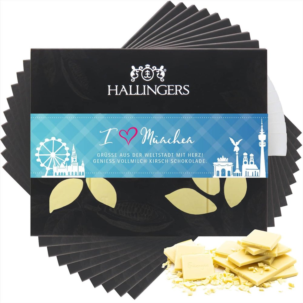 Hallingers White Chocolate Gift, 10 Handcrafted Cherry Bars, “I Love Munich” Edition
