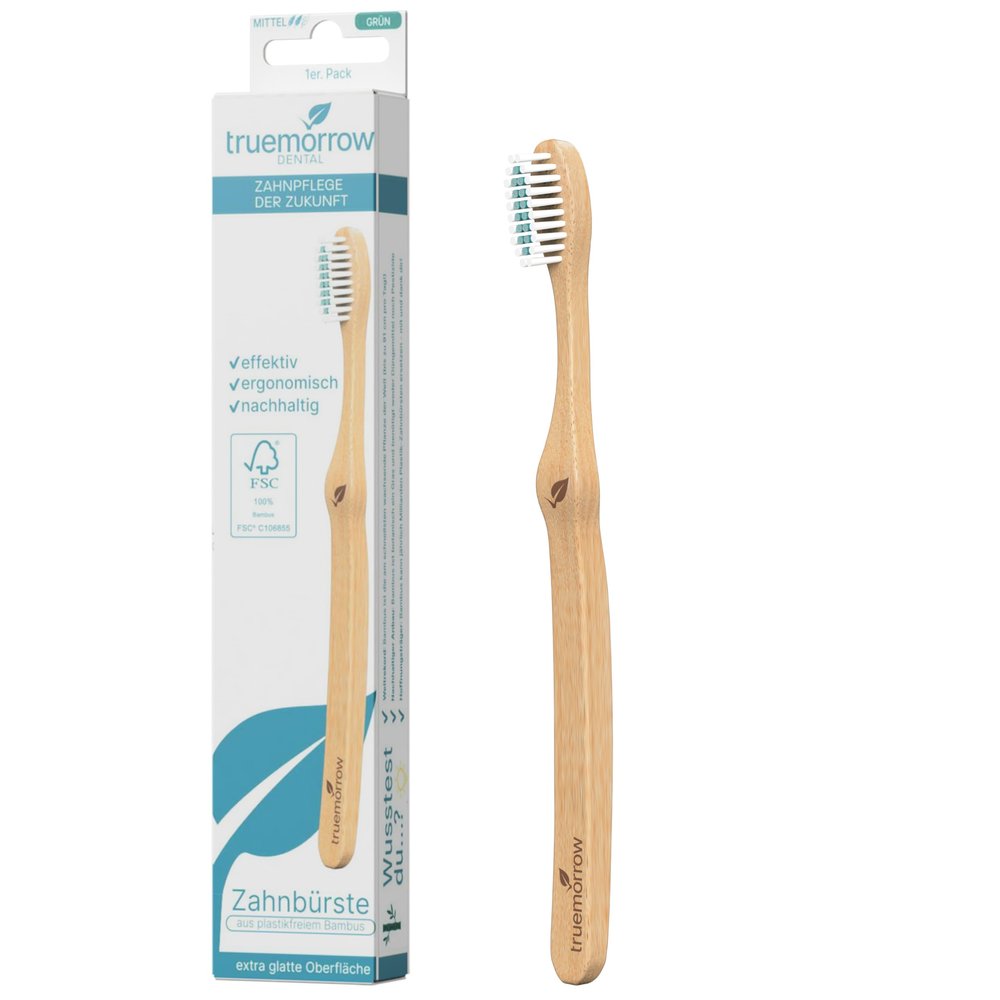 truemorrow Bamboo Toothbrush | Certified Sustainable, Plastic-Free, Biodegradable Handle | 100% Vegan | Green Bristles