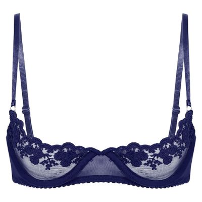 Sywiyi Women's Open Underwire Push-Up Bra, Sheer Lace, Navy Blue, XL