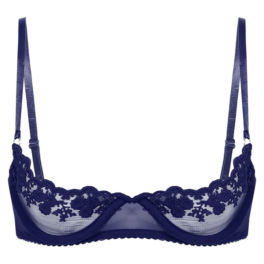 Sywiyi Women's Open Underwire Push-Up Bra, Sheer Lace, Navy Blue, XL