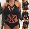 Women's Sexy Red Leather Lingerie Set with Thong, Bra, and Wrap Bustier view 2