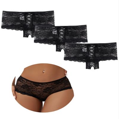 comeondear Women's Open-Crotch Lace Panty, Sexy Brazilian Lingerie, Plus-Size Curvy Underwear, Black, M-L