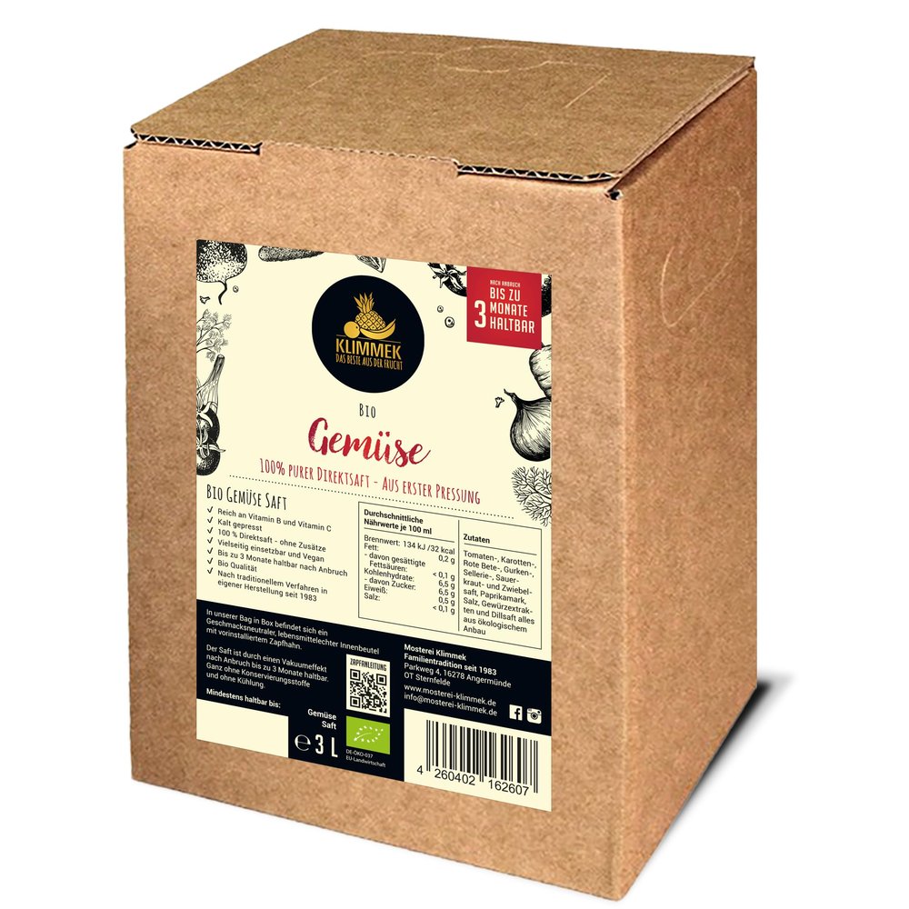 Organic Vegetable Juice 3 L, 100% Direct Juice from Selected Organic Vegetables, No Added Sugar, Naturally Cloudy & Unsweetened, Vegan, Cold-Pressed, Bag-in-Box