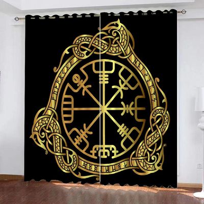 MEVASA 3D Blackout Curtains, Set of 2, Viking Design, Black, Room-Darkening Curtains with Loops, 183 x 214 cm W x H