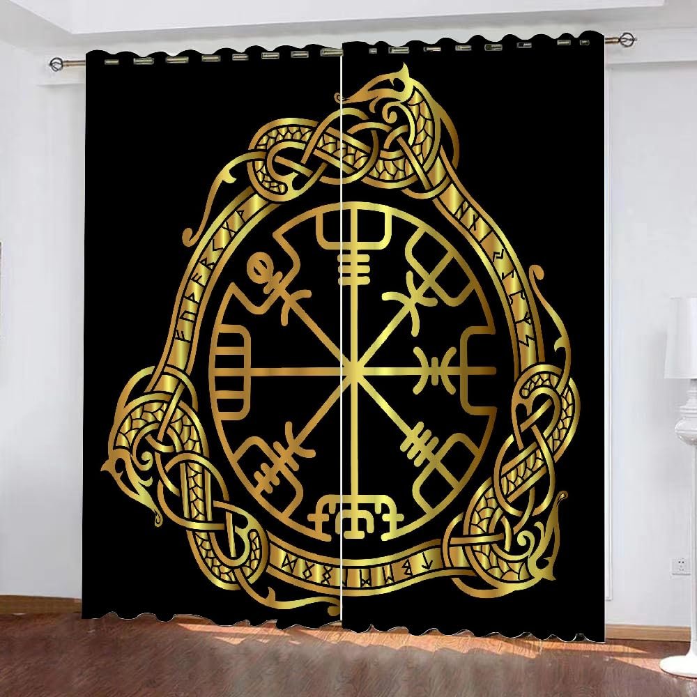 MEVASA 3D Blackout Curtains, Set of 2, Viking Design, Black, Room-Darkening Curtains with Loops, 183 x 214 cm W x H