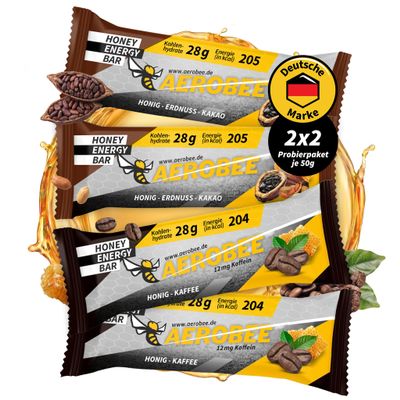 AEROBEE Energy Bar Variety Pack, 4 x 50 g: 2x Honey, Peanut & Cocoa + 2x Honey & Coffee (12 mg Caffeine), No Added Sugar