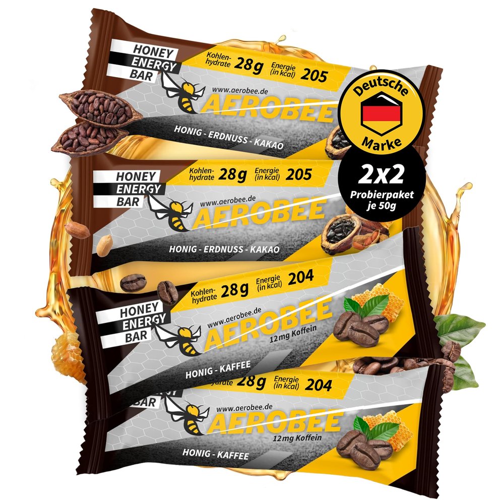 AEROBEE Energy Bar Variety Pack, 4 x 50 g: 2x Honey, Peanut & Cocoa + 2x Honey & Coffee (12 mg Caffeine), No Added Sugar