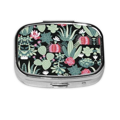 Square Cactus-Print Pill Box with Metal Coating