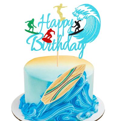 Arthsdite Surfing Birthday Cake Topper, Blue Glitter, 1 Pc