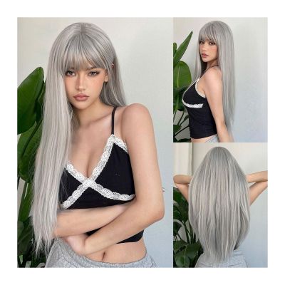 Long Straight Dark Green Ombre Synthetic Wig with Wavy Ends and Bangs