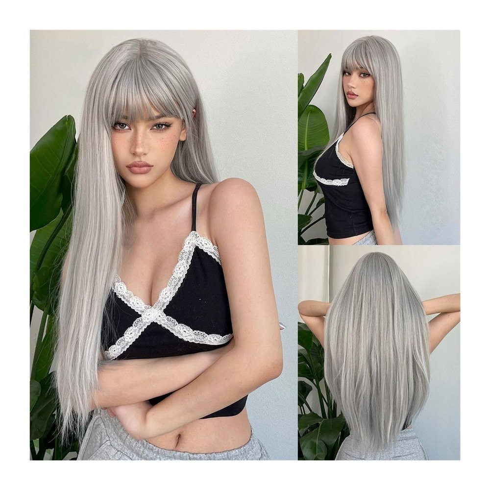 Long Straight Dark Green Ombre Synthetic Wig with Wavy Ends and Bangs