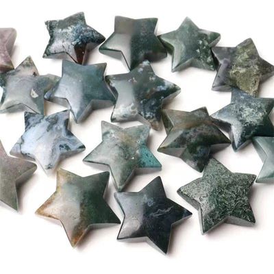 JRXFXEKW Natural Crystal Star, Hand-Carved, Five-Pointed, Moss Agate, 50–55 mm, 1 Piece