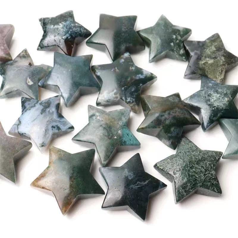 JRXFXEKW Natural Crystal Star, Hand-Carved, Five-Pointed, Moss Agate, 50–55 mm, 1 Piece