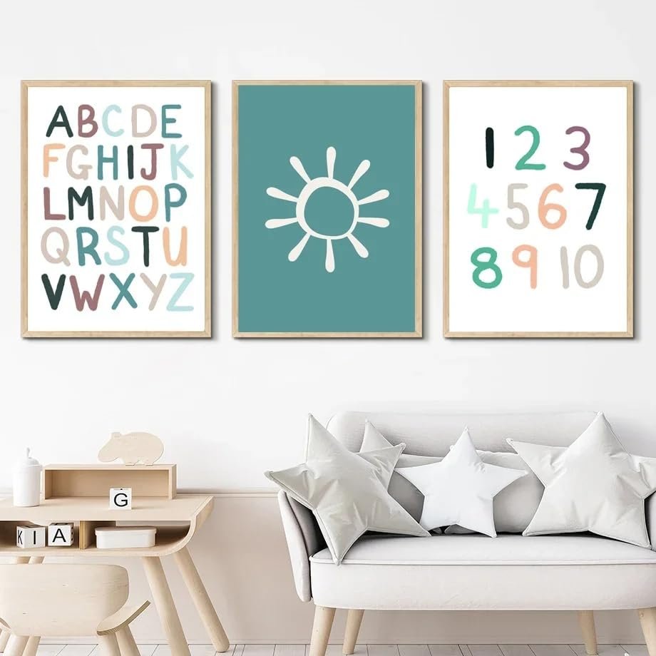 SHUYINGHENGXIE Sun Alphabet Numbers Wall Art Canvas Paintings, Nordic Posters and Prints for Baby and Kids' Nursery Decor, No Frame, 30 x 40 cm x 3