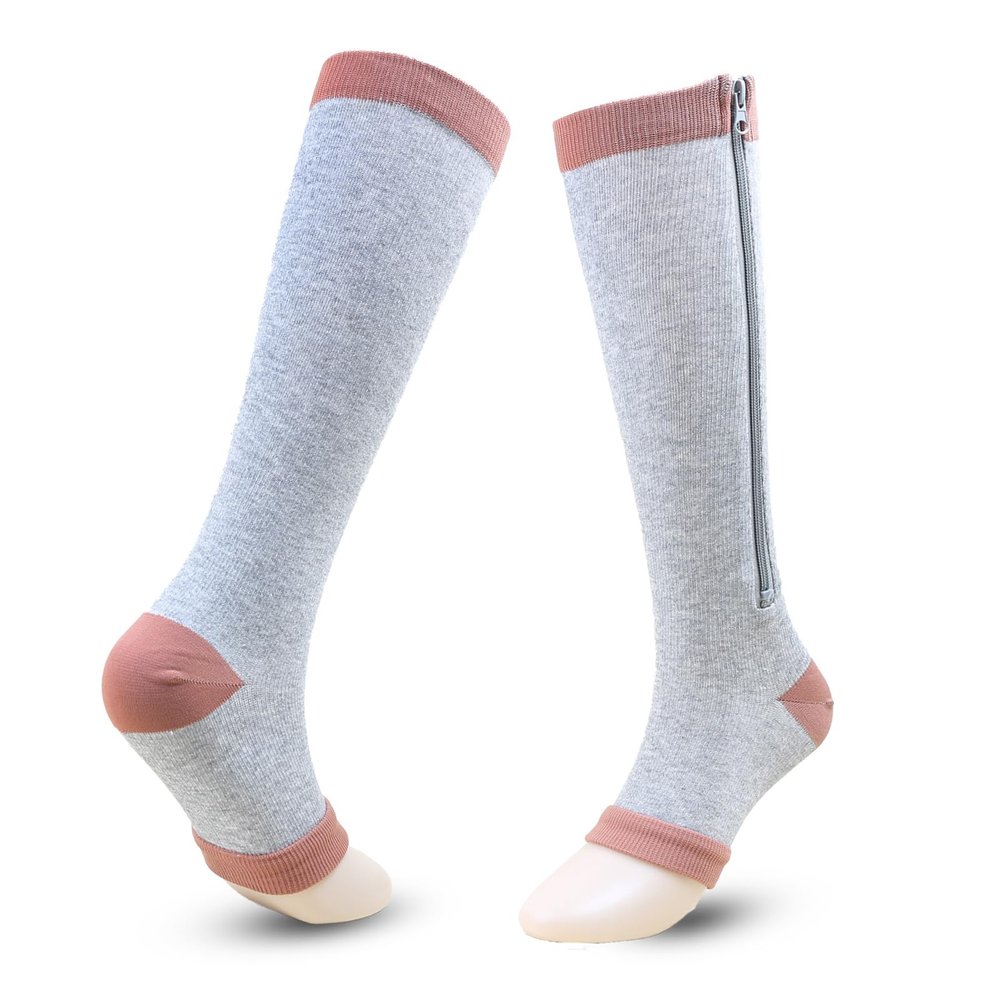 Compression Socks for Women and Men, Class 2, Zippered Nylon Knee-High Support Socks, Open Toe, for Varicose Veins and Flights