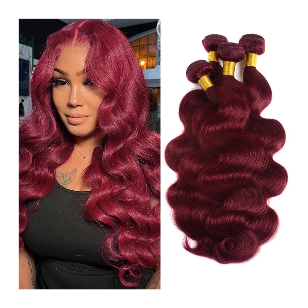Human Hair Bundles, Burgundy Body Wave (#99J), 1/3/4 Pieces