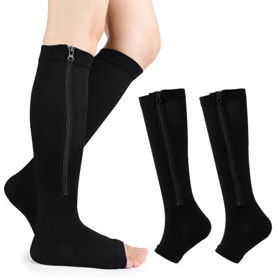 Mdrcg 2 Pairs Compression Socks with Zipper, Open Toe, for Women and Men