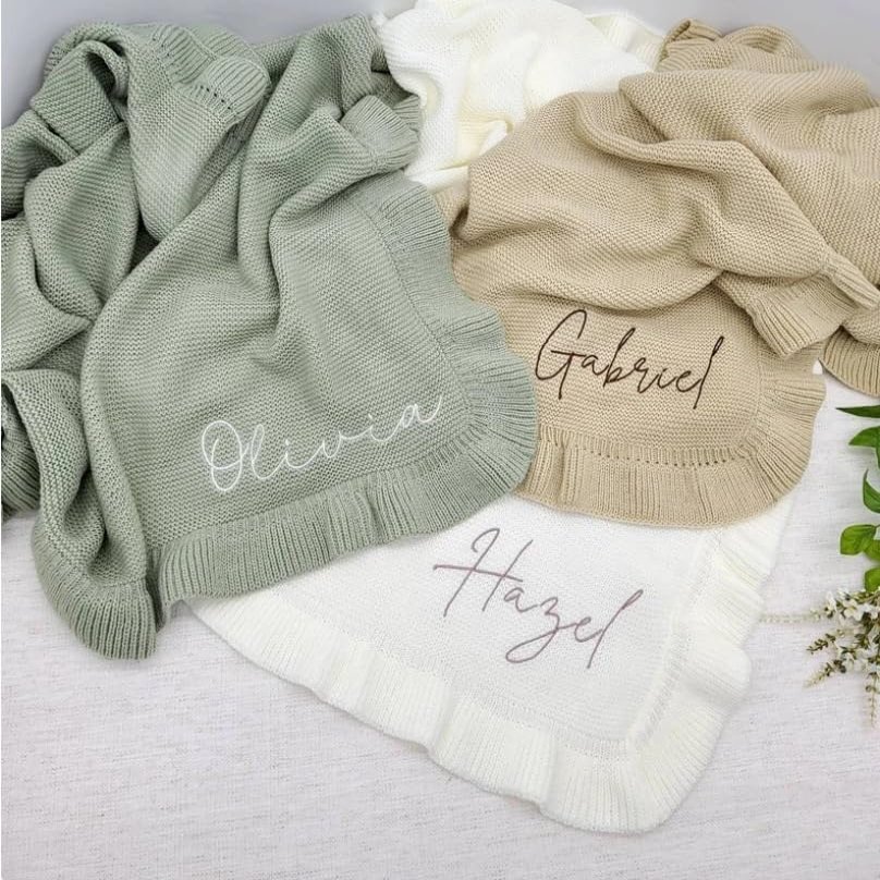 HDLOVE 75 x 95 cm Personalized Soft Knitted Baby Blanket with Ruffle Edge, Green, No Name