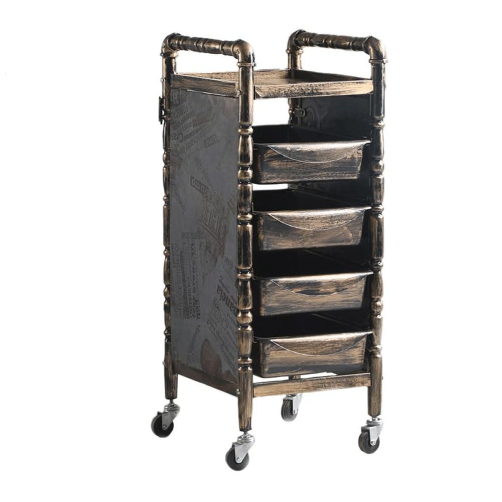 Retro Iron Salon Cart with 5 Drawers and Hair Dryer Holder