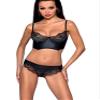 Women's Black Wetlook Bra and Panty Lingerie Set with Lace Bustier and Faux Leather, Semi-Transparent, L/XL view 1