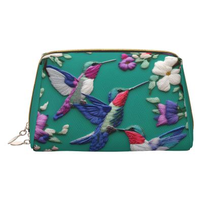 Leather Cosmetic Bag with Floral Hummingbird Embroidery