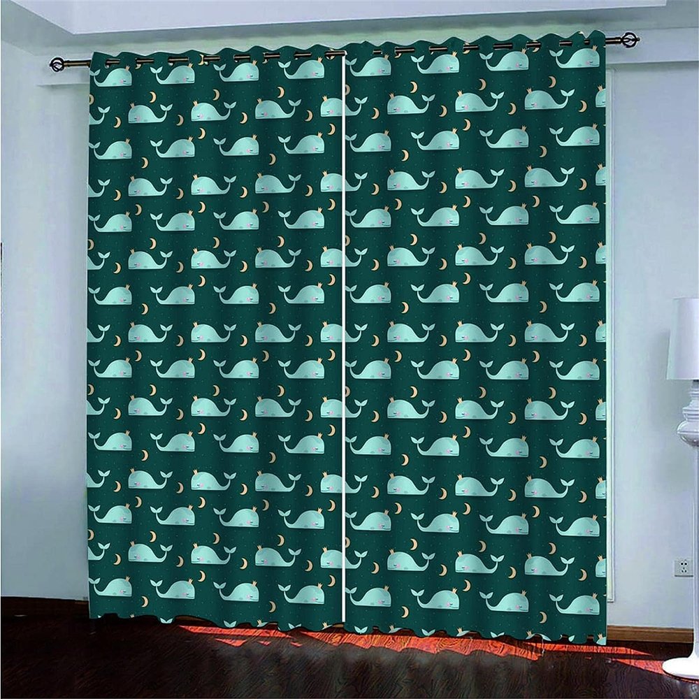 Opaque Cartoon Whale Curtains for Kids’ Rooms, 2-Pack, 95% Light-Blocking