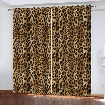 MELABE Yellow and Brown 3D Blackout Curtains with Black Leopard Pattern, 2 Panels, 150 W x 270 H cm