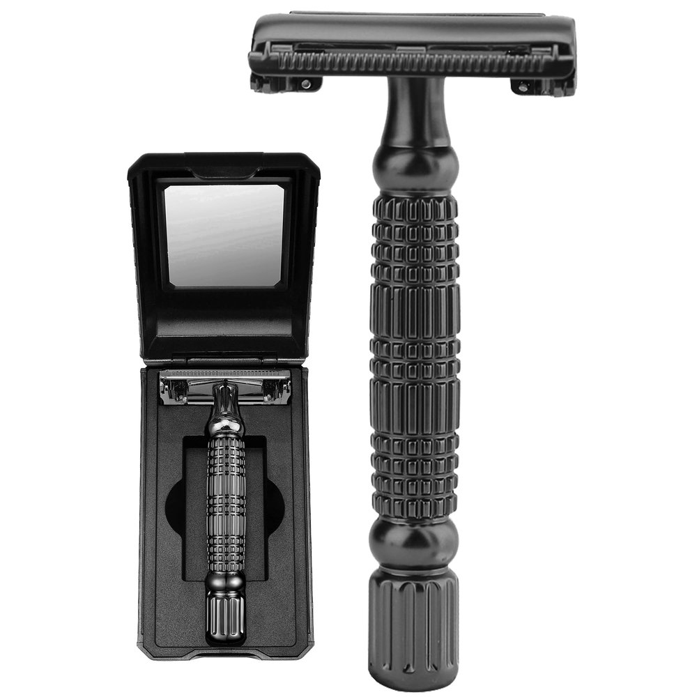 BAILI Butterfly Double-Edge Safety Razor, Black, with Mirrored Travel Case