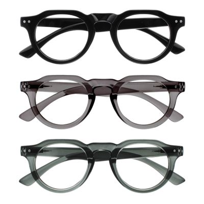 OPULIZE RIO Reading Glasses with Blue-Light Filter, 3-Pack, Flat-Top Frames, Black/Green/Gray, Women & Men, Spring Hinges, BBB53-167, +3.00