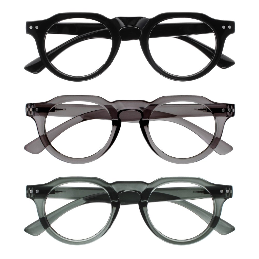 OPULIZE RIO Reading Glasses with Blue-Light Filter, 3-Pack, Flat-Top Frames, Black/Green/Gray, Women & Men, Spring Hinges, BBB53-167, +3.00