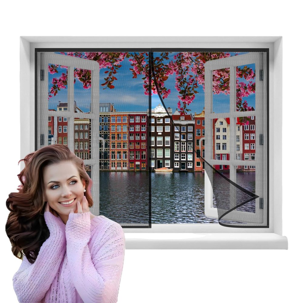 Magnetic Window Screen, 95 x 190 cm, Telescoping Curtain, Black