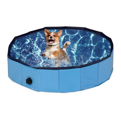 Relaxdays Dog Pool, H x D: 20 x 80 cm, Foldable, with Drain Valve, PVC & MDF, Blue