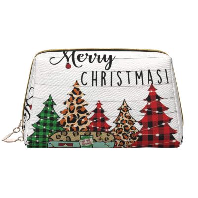 Zen Stone Printed Portable Leather Makeup Bag, Full-Width Farmhouse Christmas Design, One Size