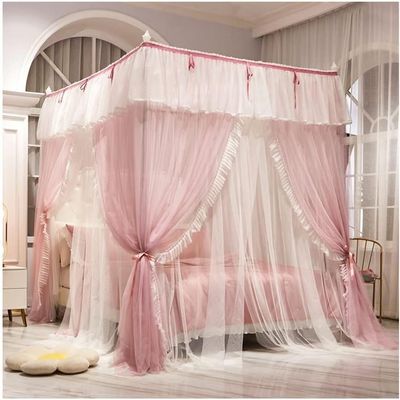 GLMGBP Square-Post Canopy Bed Curtain with Holder, Courtyard-Style Princess Room Mosquito Net (Green, 150 x 200 cm / 59 x 79 in; Pink with Lights, 180 x 200 cm)