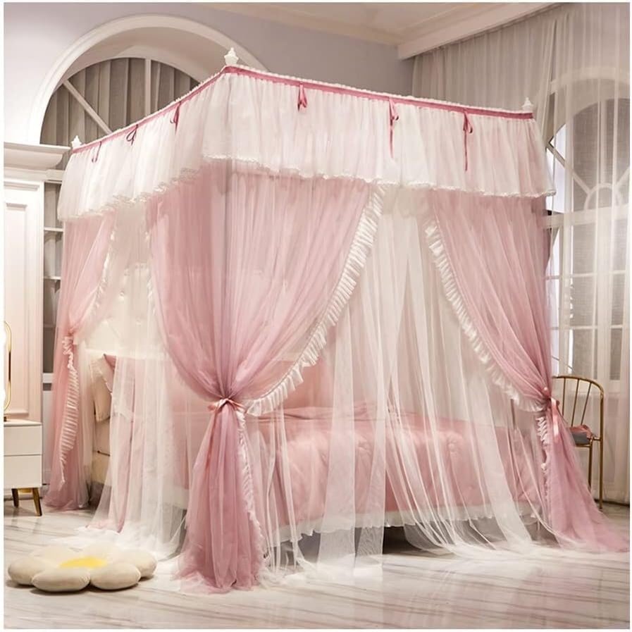 GLMGBP Square-Post Canopy Bed Curtain with Holder, Courtyard-Style Princess Room Mosquito Net (Green, 150 x 200 cm / 59 x 79 in; Pink with Lights, 180 x 200 cm)