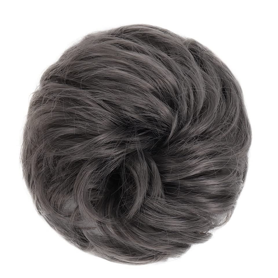 Messy Bun Donut Hair Tie for Women and Girls, Curly Wavy Synthetic Chignon Hairpiece with Elastic Band, Gray