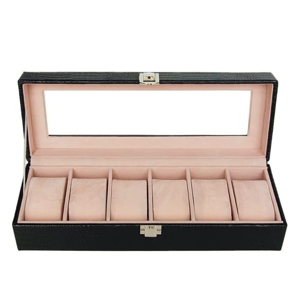 DameCo Leather Watch Case for Men, 6-Slot Display Organizer with Glass Lid and Removable Cushions