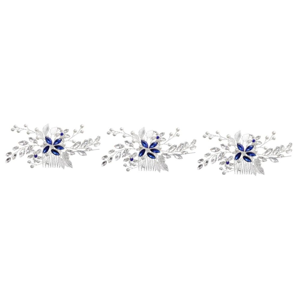 FRCOLOR 3-Piece Rhinestone and Faux Pearl Bridal Hair Comb Set, Blue