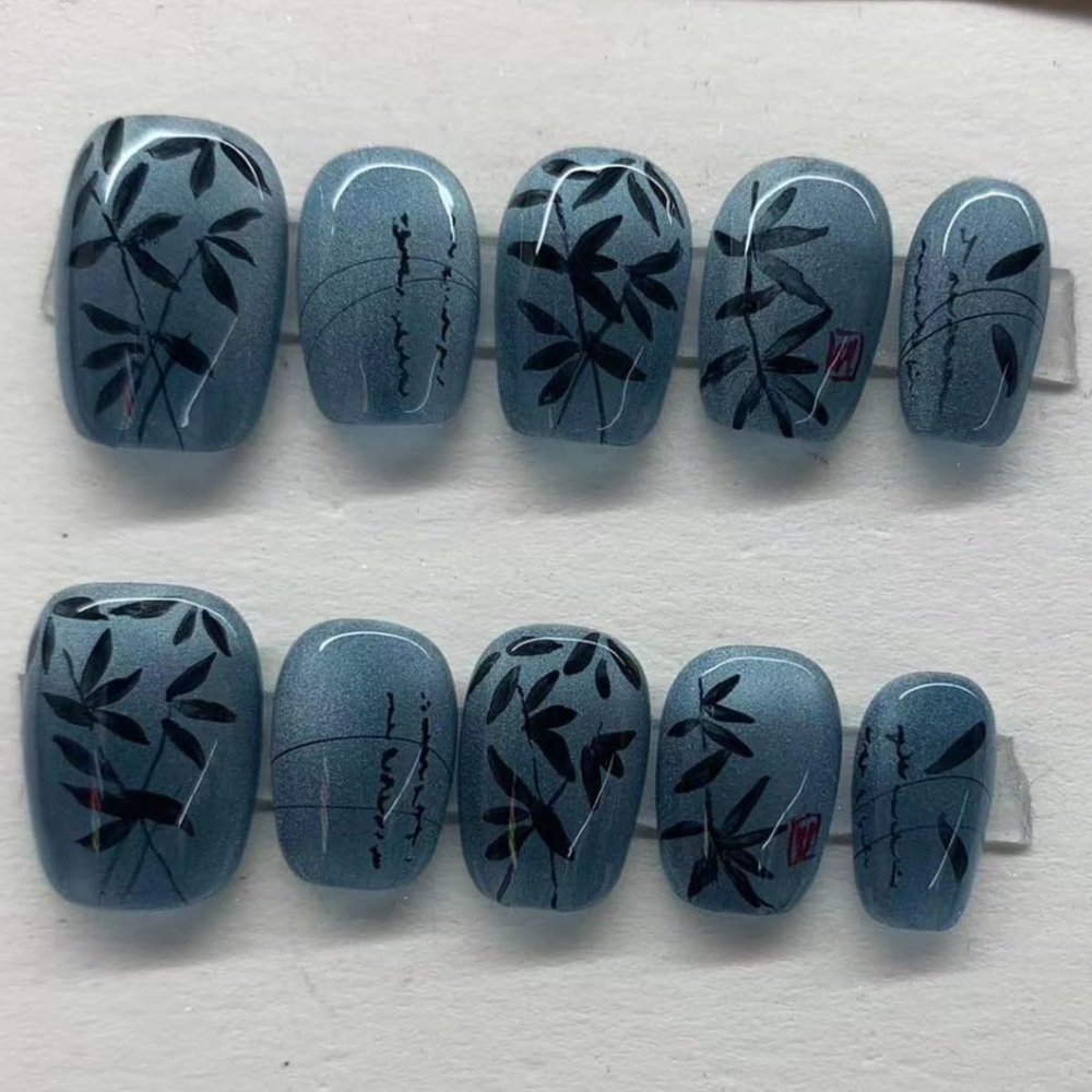 New Chinese-Style Hand-Painted Handmade Bamboo Press-On Nails, Removable Nail Patches, 10 Pieces (M)