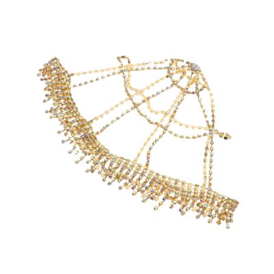 Gold Hair Chain with Rhinestone Net and Tassels, Alloy