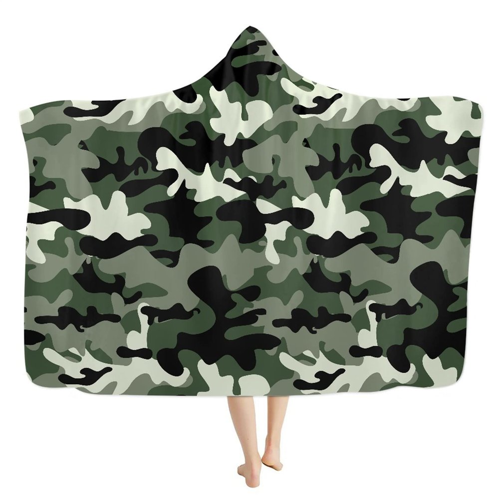 fifbird Hooded Camouflage Blanket, Military Green, Plush Fleece, 152.4 x 127 cm