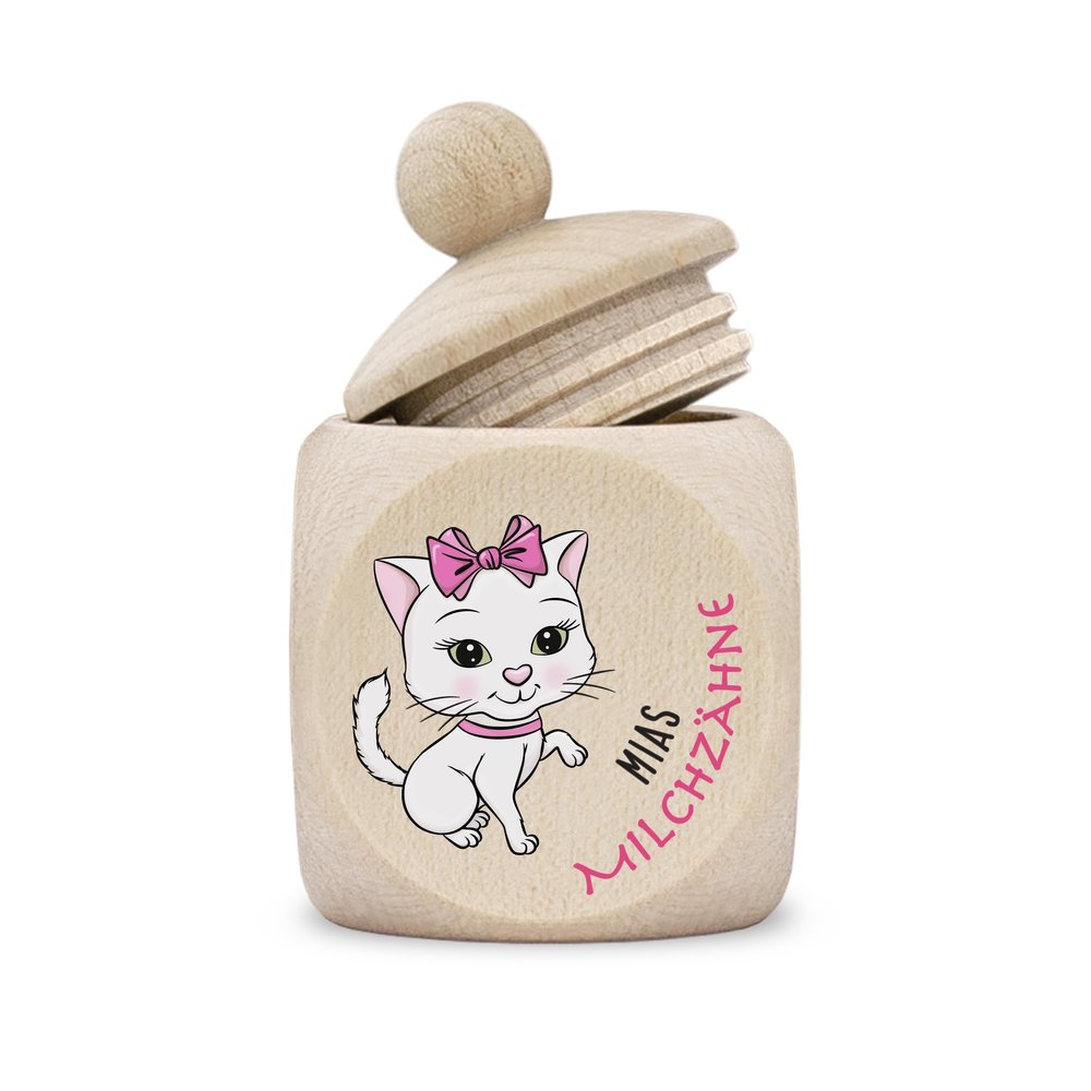 kultdog Personalized Wooden Baby Tooth Box for Girls with Comic Cat