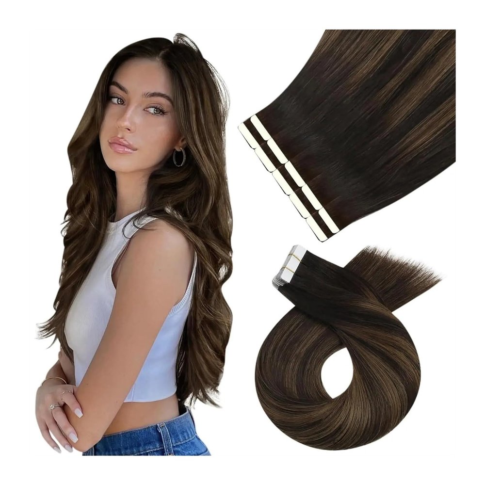 Human Hair Balayage Tape-In Extensions, Dark Brown Ombre, 14–24 in